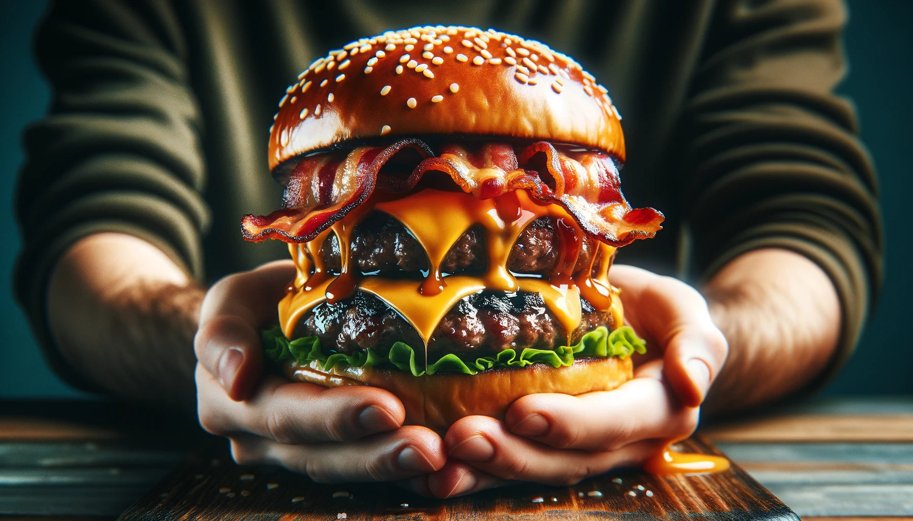 big, juicy hamburger held in someone's hands