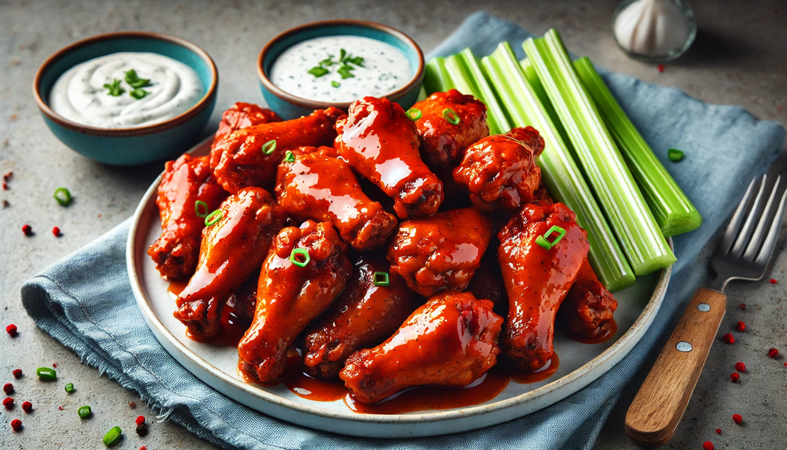 crispy buffalo-style wings coated in vibrant buffalo sauce, served with celery sticks and a side of blue cheese dressing