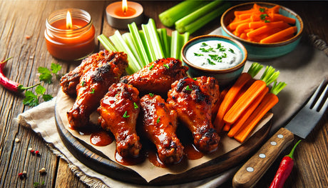 Perfectly grilled buffalo-style wings with crispy skin, tossed in tangy sauce, served with celery sticks and blue cheese dressing on a wooden board.