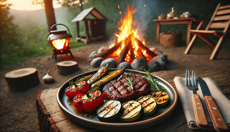 Arteflame Insert cooking steaks and veggies over a campfire.