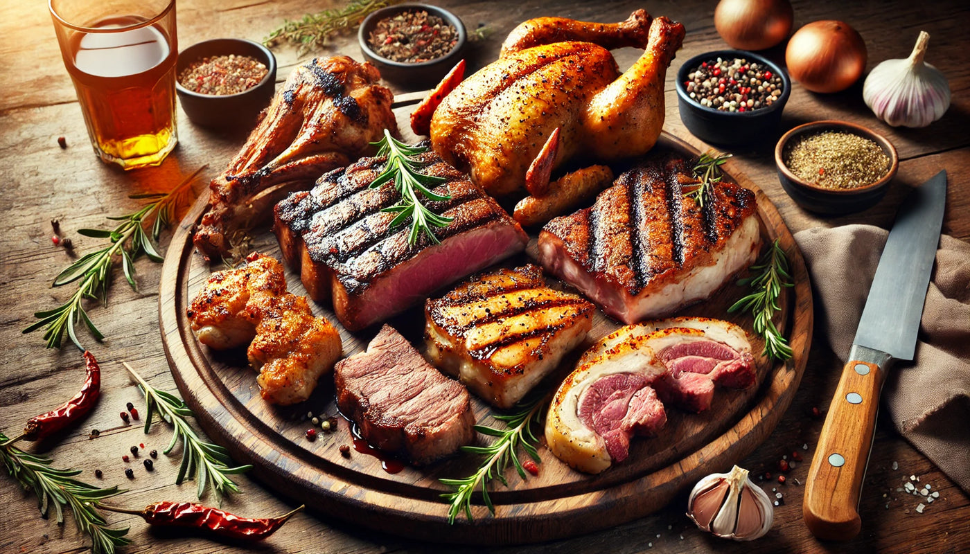 A beautifully arranged assortment of grilled meats, including ribeye steak, chicken thighs, pork belly, and lamb chops, on a rustic wooden board in a smoky outdoor setting.