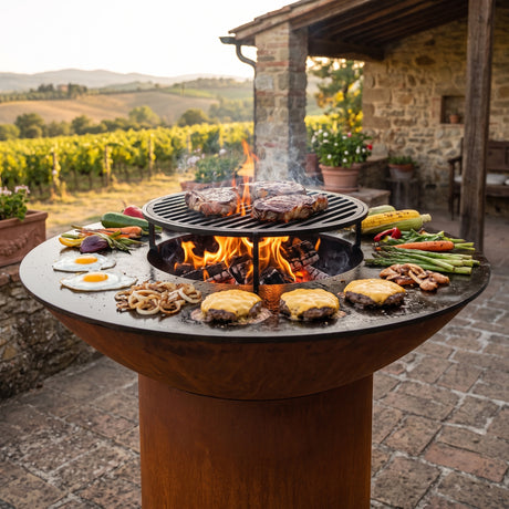 Arteflame wood-fired flat-top grill with round Corten steel base: Cast Iron Flat Top Wood-Fired Flavor