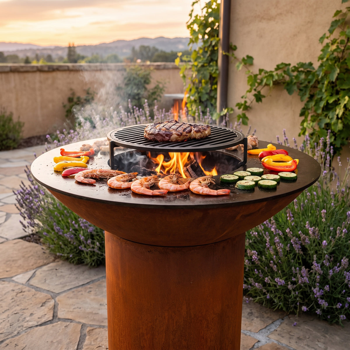 Arteflame wood-fired flat-top grill with round Corten steel base: Cast Iron Grate vs Arteflame Insert