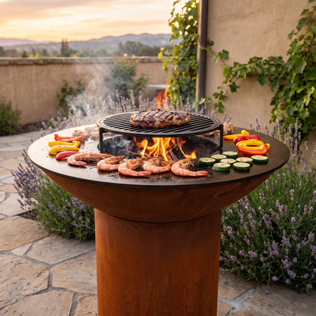 Arteflame wood-fired flat-top grill with round Corten steel base: Cast Iron Grate vs Arteflame Insert