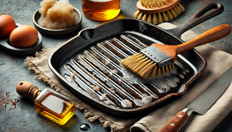 A rusty cast iron griddle with uneven seasoning, highlighting the maintenance challenges and disadvantages of this cooking tool.