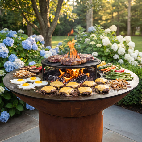 Arteflame wood-fired flat-top grill with round Corten steel base: Upgrade Char-Broil Infrared Parts