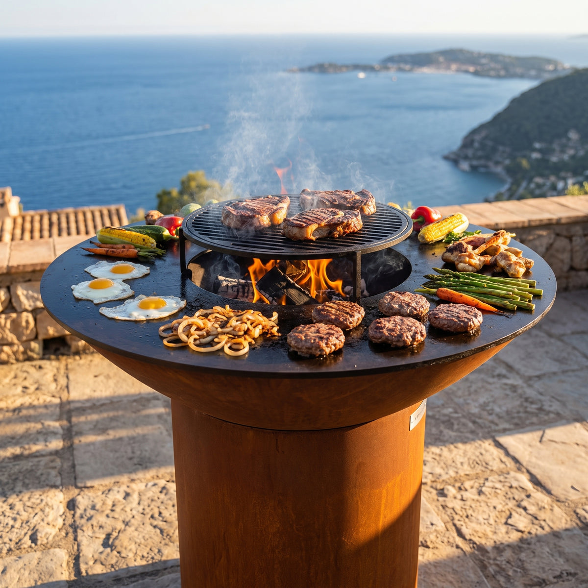 Arteflame wood-fired flat-top grill with round Corten steel base: Upgrade Charbroil Grates