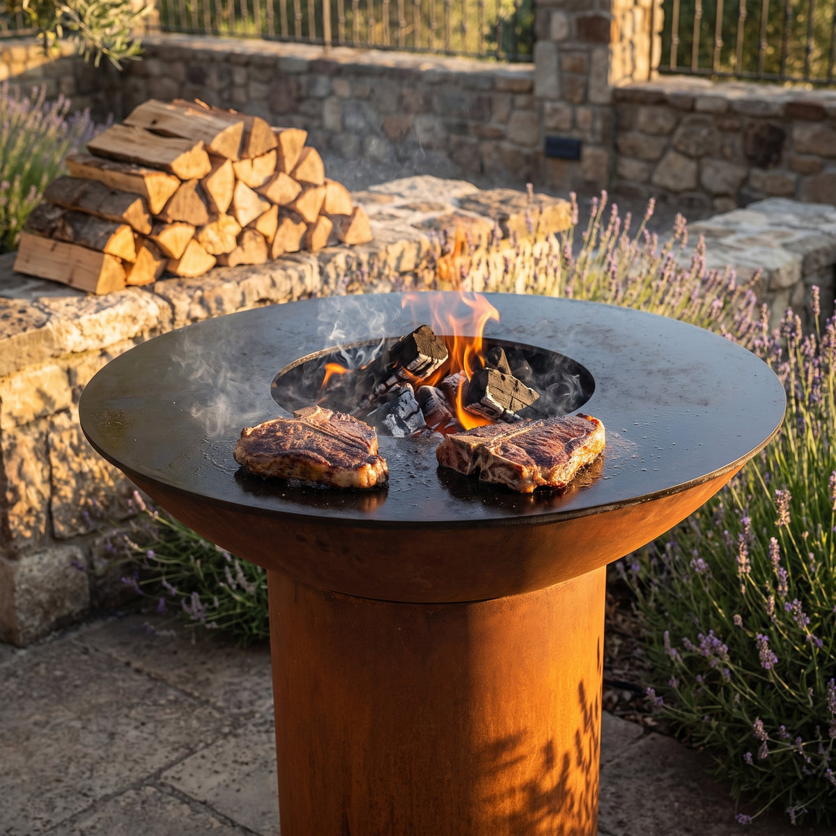 Arteflame wood-fired flat-top grill with round Corten steel base: Best Charcoal Grill for Steaks