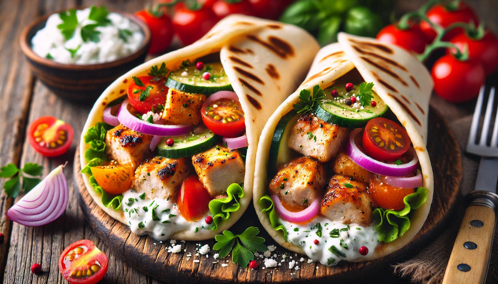 Chicken Souvlaki Wraps with Tzatziki and Fresh Vegetables