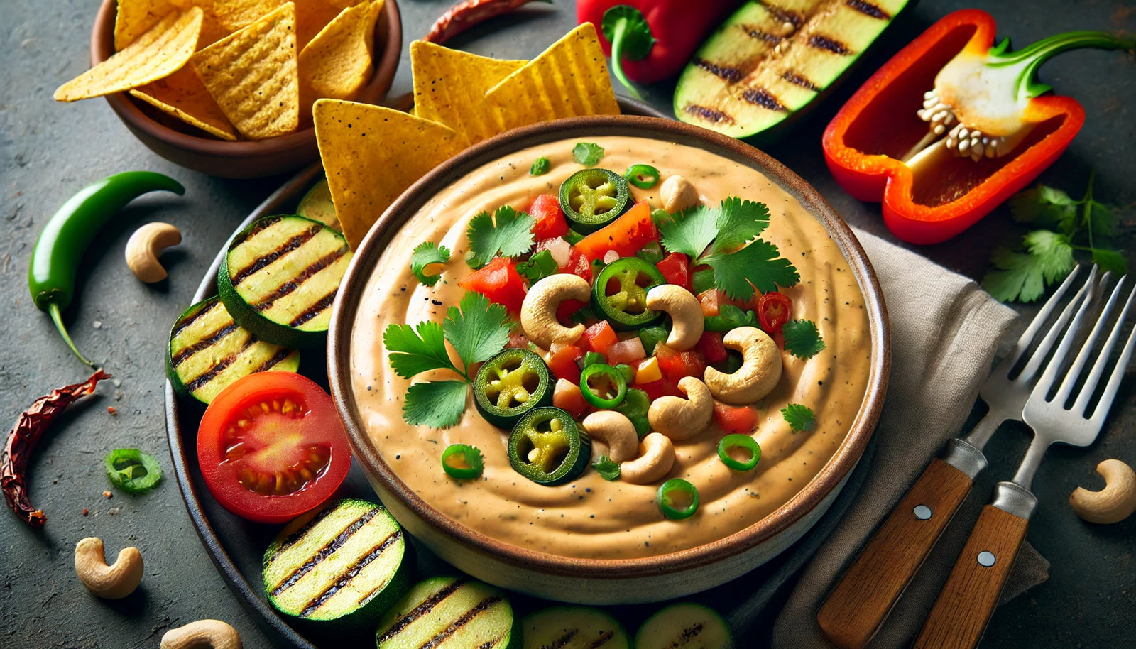 creamy, rich Chipotle Cashew Queso dip garnished with cilantro, tomatoes, and jalapeños