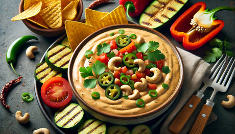 creamy, rich Chipotle Cashew Queso dip garnished with cilantro, tomatoes, and jalapeños