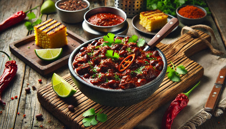 Chipotle Chili Con Carne, garnished with cilantro and lime wedges, served alongside grilled cornbread