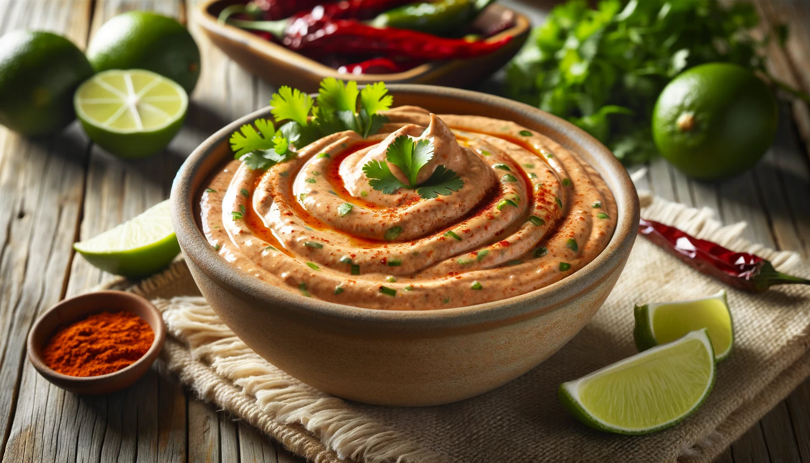 creamy Chipotle Tahini Sauce, garnished with fresh cilantro and lime wedges