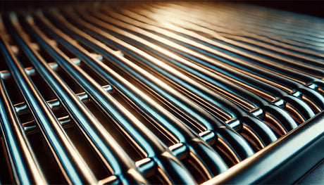 A detailed close-up view of chrome-plated grill grates, showing a shiny metallic surface with visible wear and discoloration, emphasizing potential flaking risks.