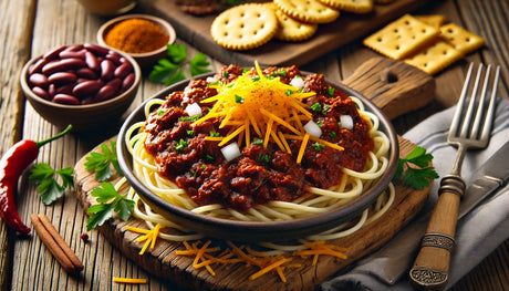 Cincinnati Chili Con Carne, served over spaghetti and topped with cheddar cheese, onions, and kidney beans