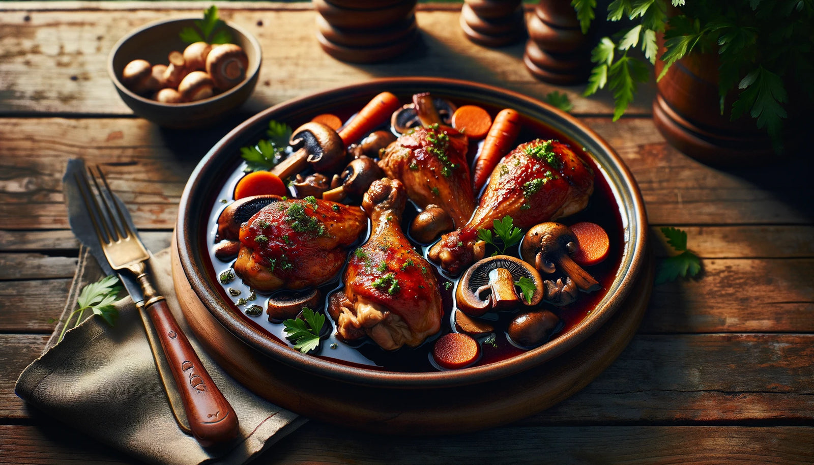 coq au vin, beautifully presented in a rustic style