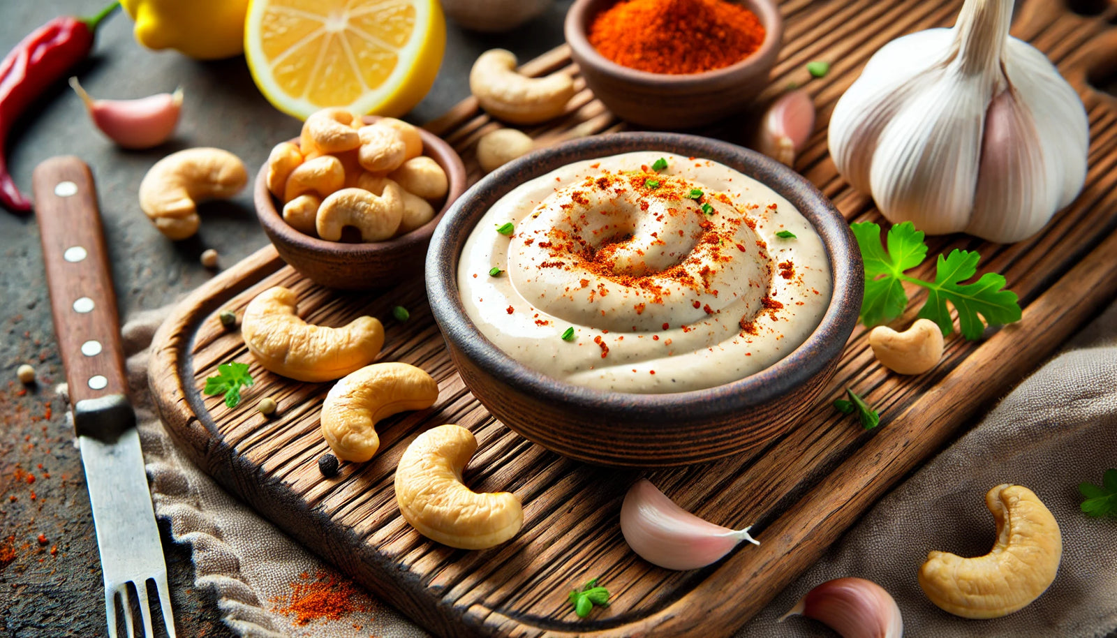 creamy cashew sauce, velvety and smooth, is garnished with smoked paprika and fresh herbs