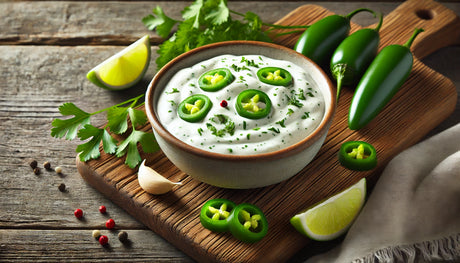 creamy Jalapeño Ranch sauce, garnished with fresh jalapeño slices, cilantro, and lime wedges