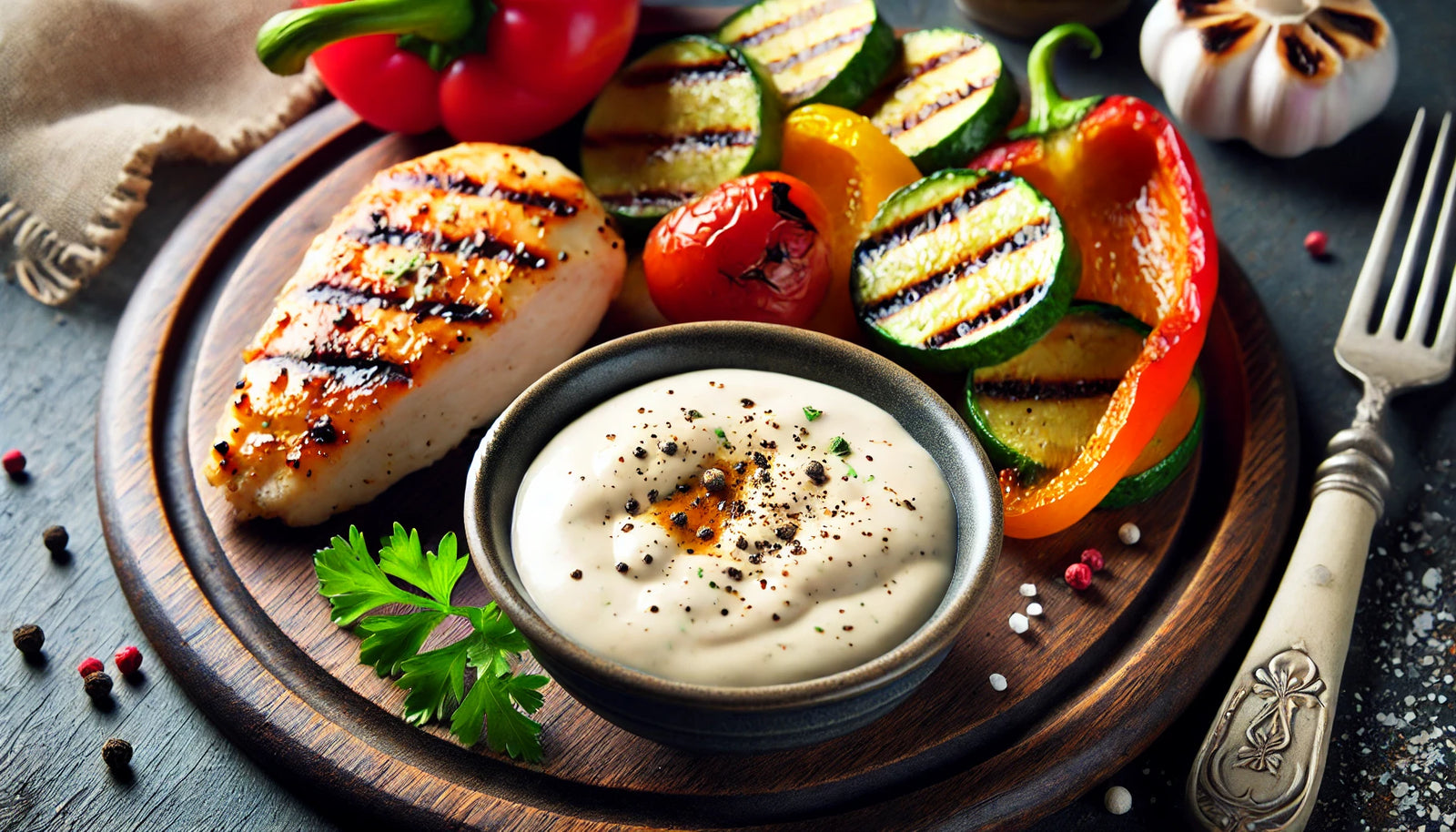 creamy white sauce served with grilled chicken and vegetables