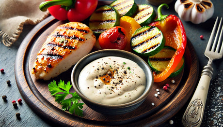 creamy white sauce served with grilled chicken and vegetables