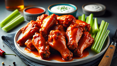 crispy buffalo wings, coated in a glossy, vibrant orange buffalo sauce