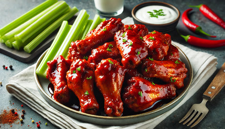 perfectly crispy, spicy hot wings coated in a glossy red hot sauce, served with celery sticks