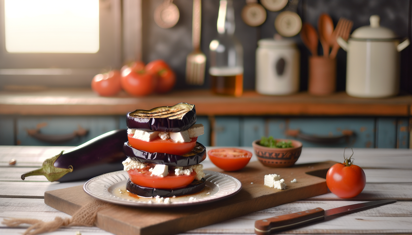 Albanian Grilled Eggplant and Tomato Stack with Feta