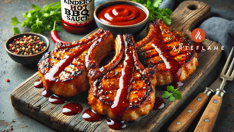 Kinder's Hot BBQ Sauce Grilled Pork Chops on Arteflame Grill