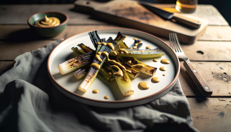 British Smoky Charred Leeks with Mustard Dressing