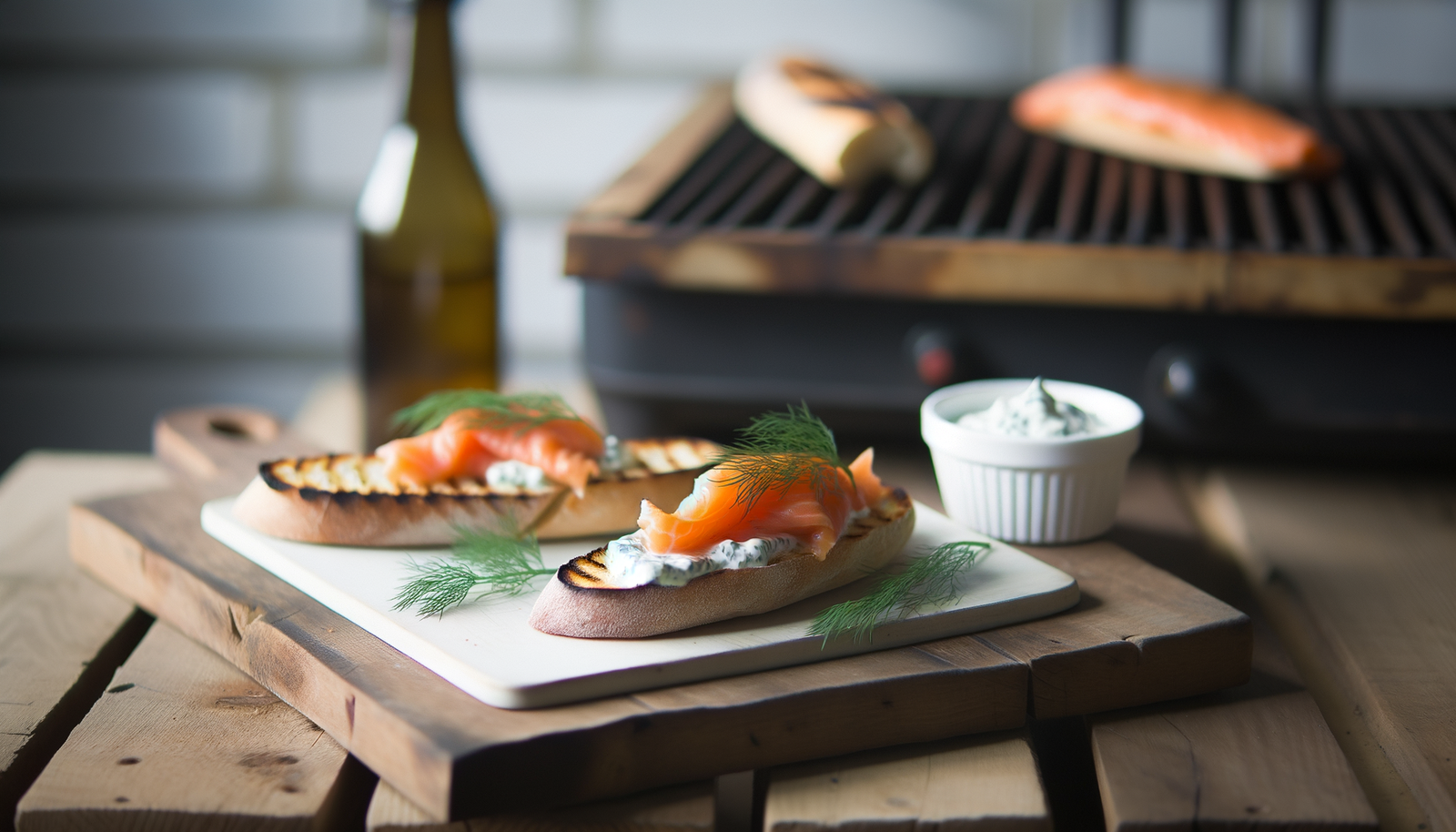 Smoked Salmon on Grilled Baguette with Dill Cream