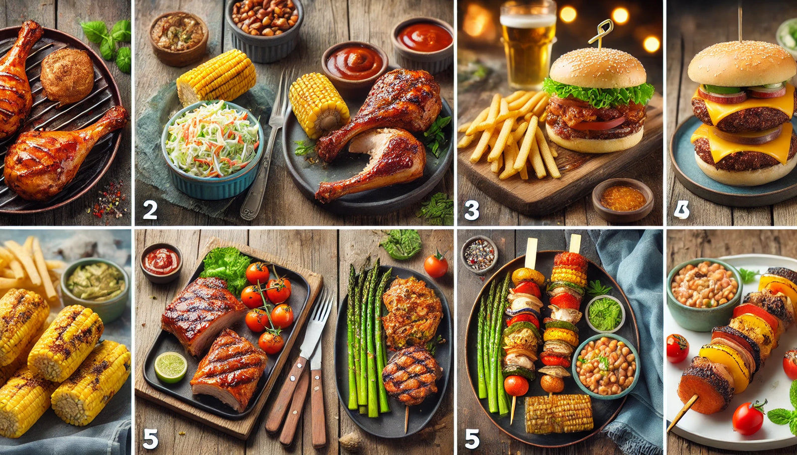 A collage featuring BBQ drumsticks, pork chops, beef burgers, ribs, and colorful veggie kebabs, arranged on a rustic outdoor table with sides like cornbread and salads.