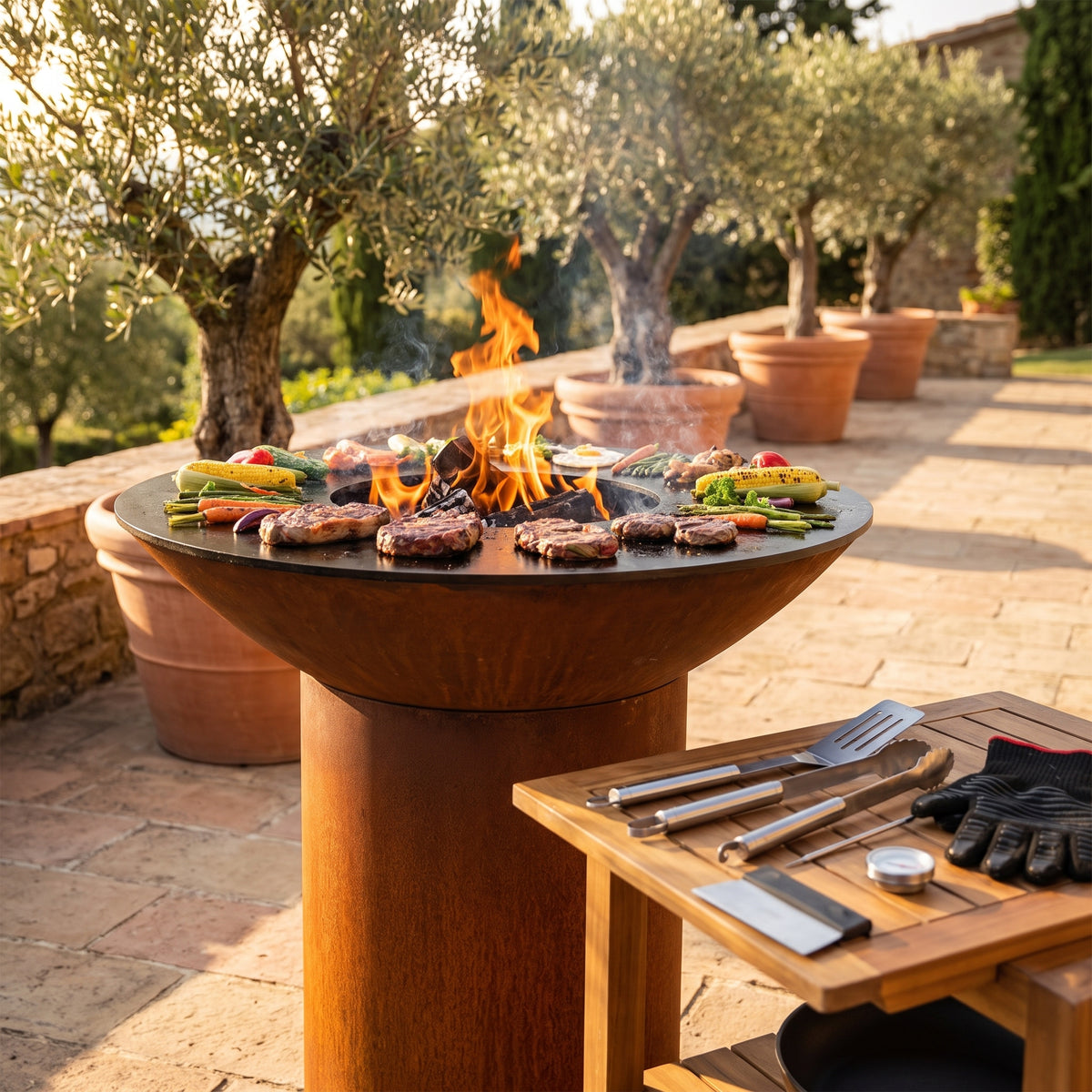 Essential grilling tools beside sizzling steaks on an Arteflame wood-fired flat-top grill with a round Corten steel base