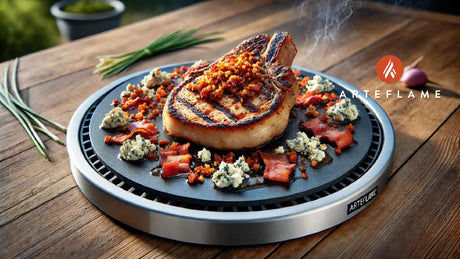 Grilled Pork Chops with Crispy Bacon Crumbles and Blue Cheese