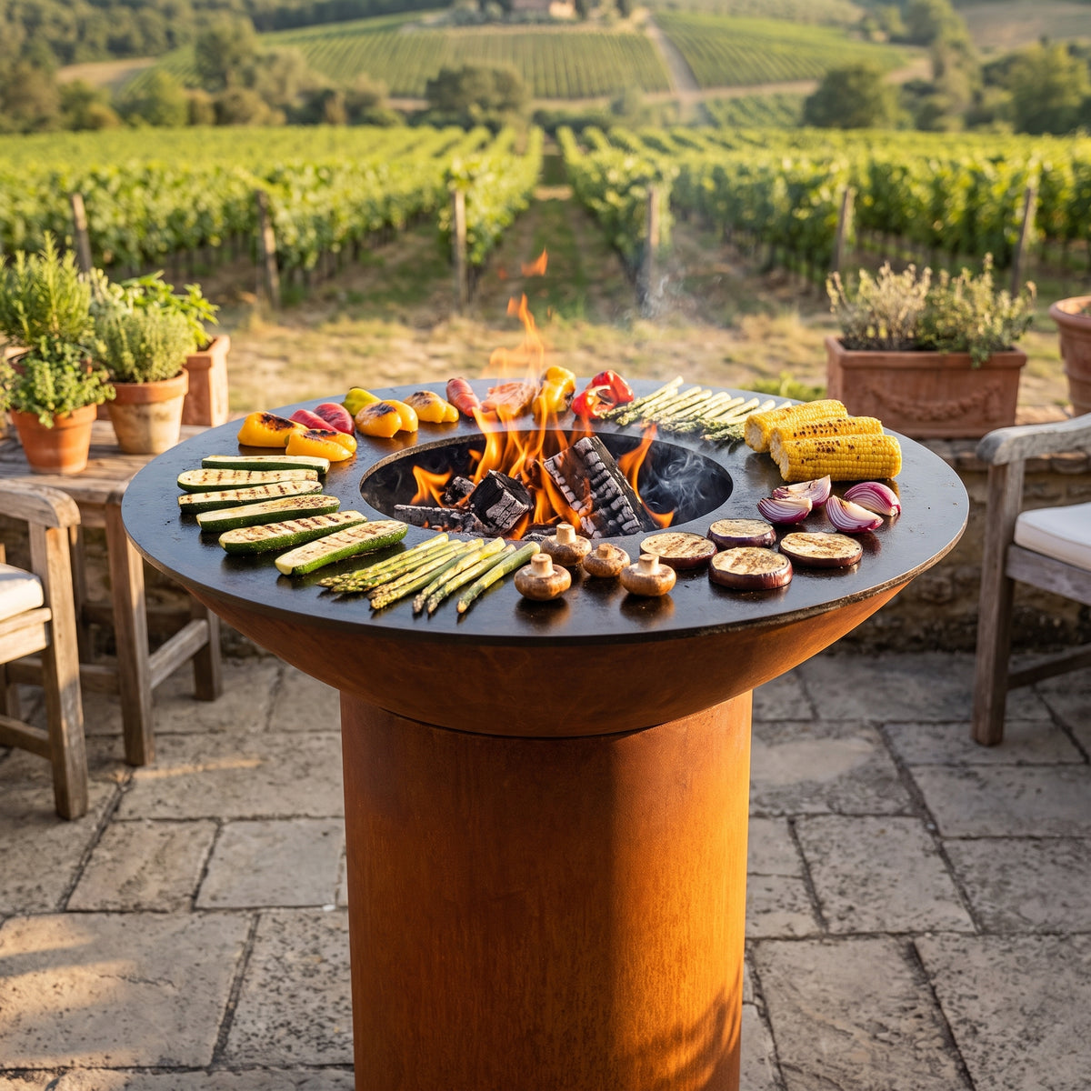 Arteflame wood-fired flat-top grill with round Corten steel base: Best Vegetables for Grilling