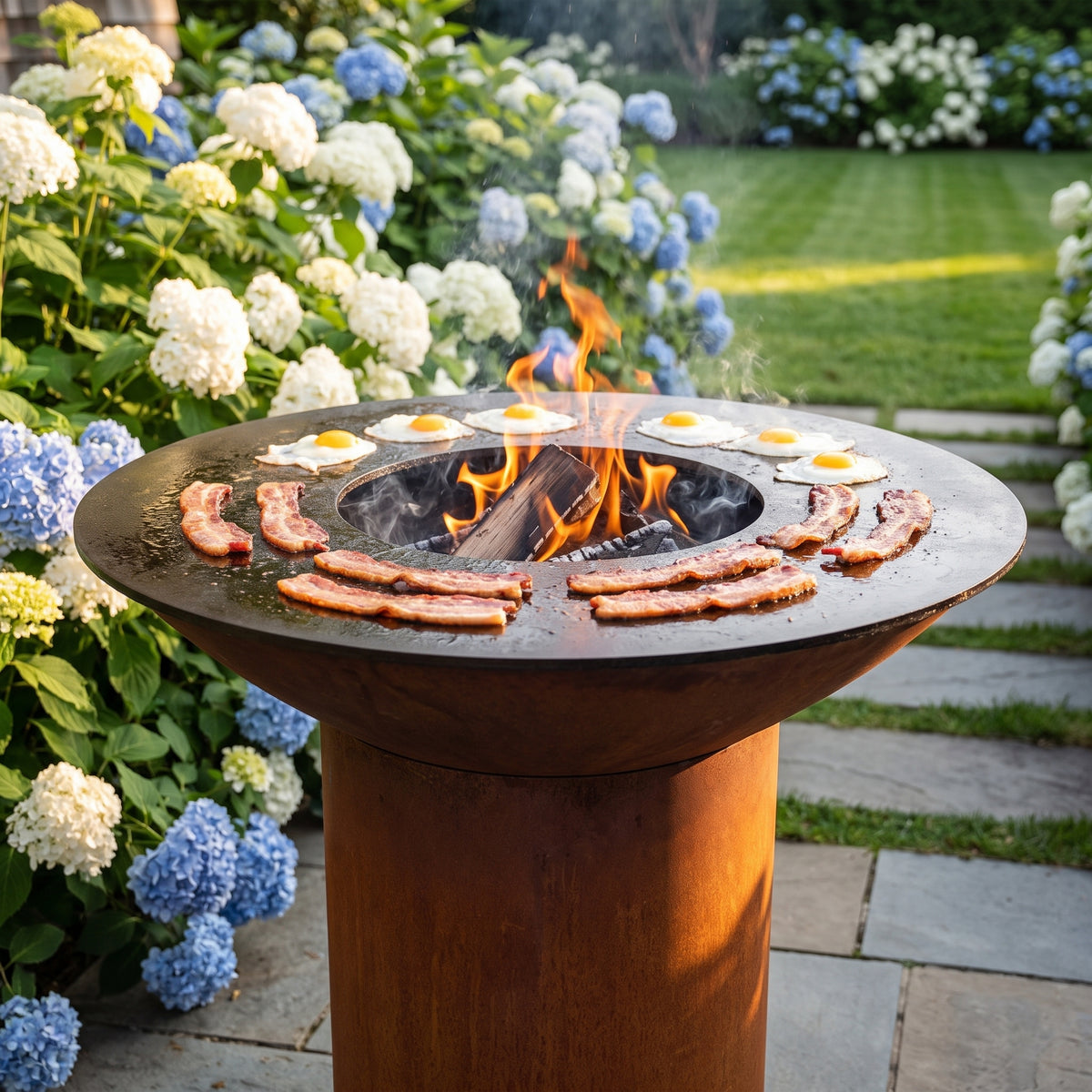 Arteflame wood-fired flat-top grill with round Corten steel base: Grill Crispy Bacon