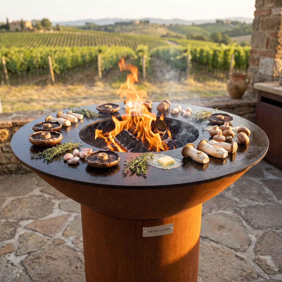 Arteflame wood-fired flat-top grill with round Corten steel base: Grill Perfect Mushrooms