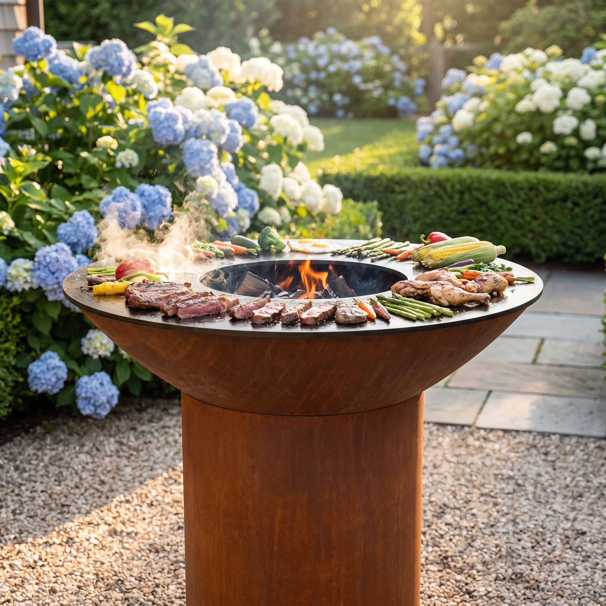 Arteflame wood-fired flat-top grill with round Corten steel base: Reheat Grilled Food