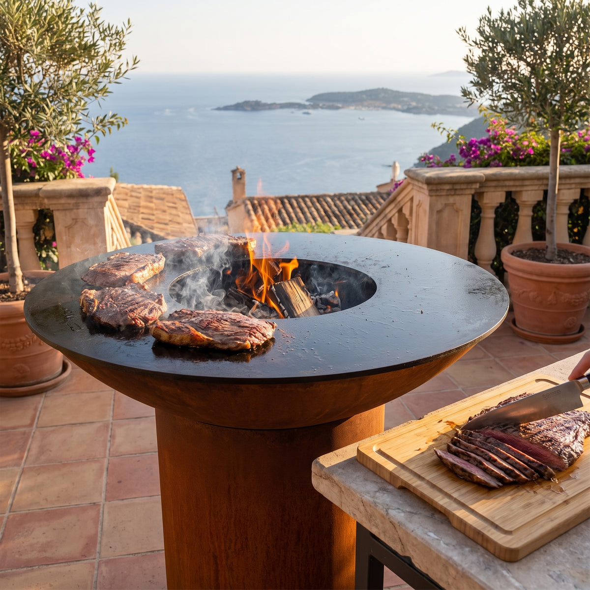 Arteflame wood-fired flat-top grill with round Corten steel base: Slice Grilled Meat