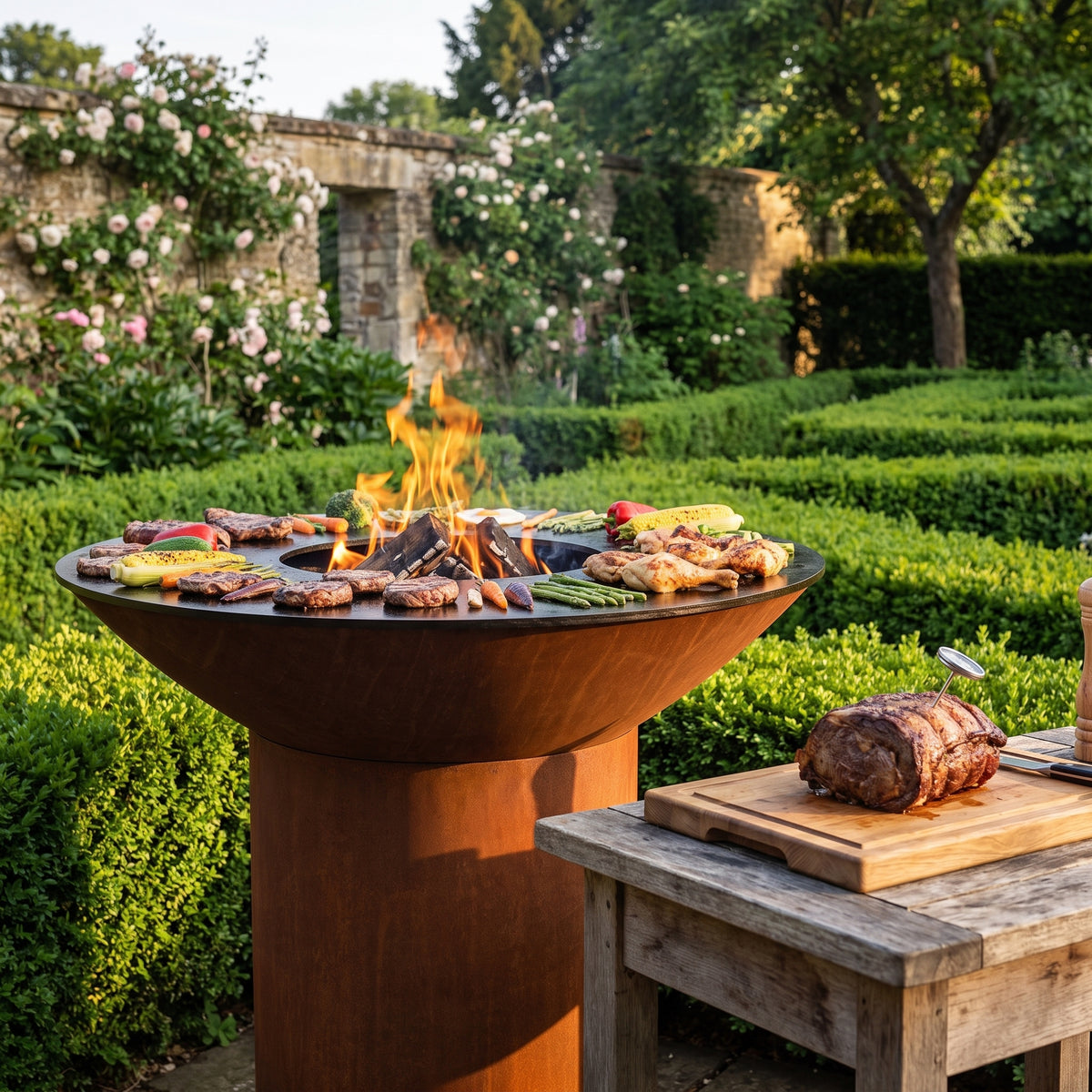 Arteflame wood-fired flat-top grill with round Corten steel base: Carryover Cooking
