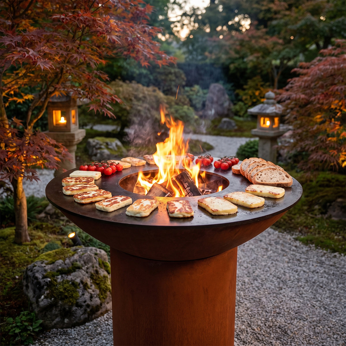 Arteflame wood-fired flat-top grill with round Corten steel base: Grill Cheese
