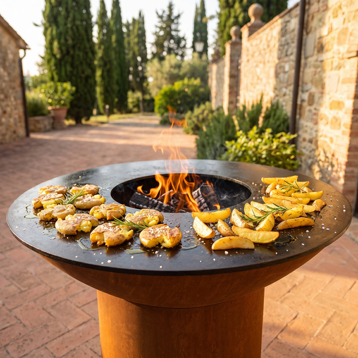 Arteflame wood-fired flat-top grill with round Corten steel base: Grill Crispy Potatoes