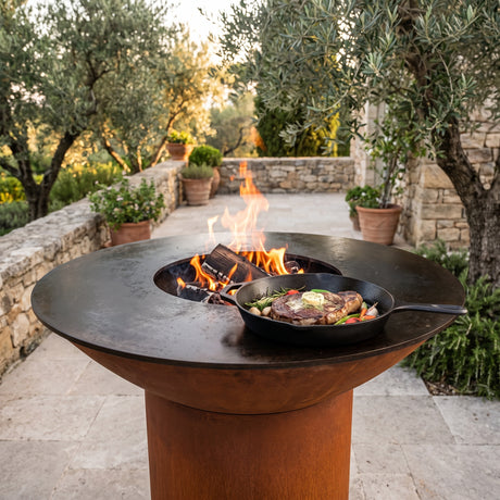 Arteflame wood-fired flat-top grill with round Corten steel base: Cast Iron Skillets on the Grill