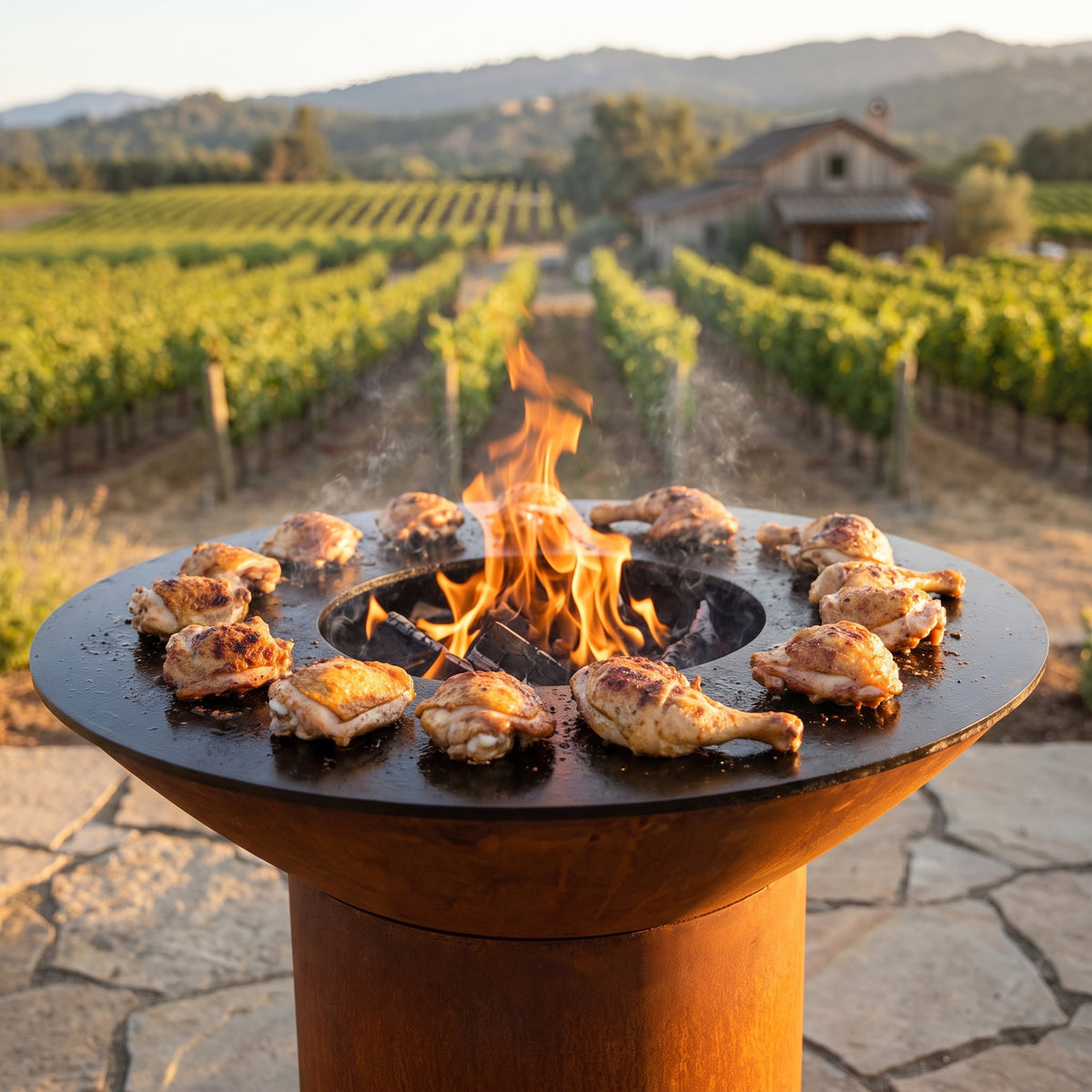 Arteflame wood-fired flat-top grill with round Corten steel base: Crispy Skin Chicken