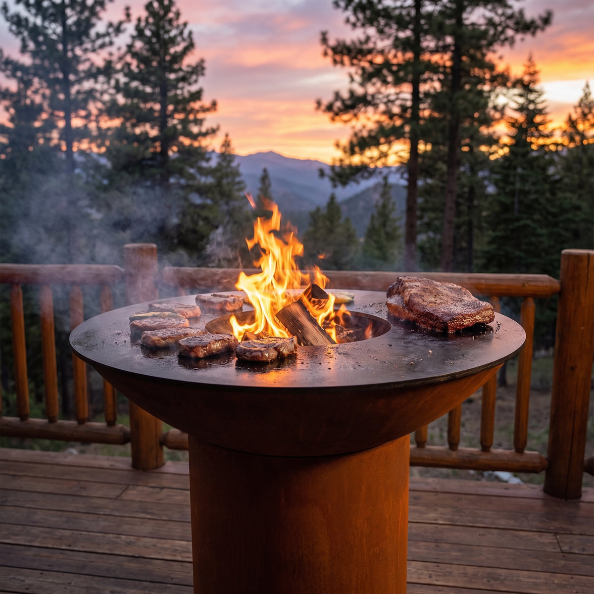 Arteflame wood-fired flat-top grill with round Corten steel base: Grilling vs BBQ