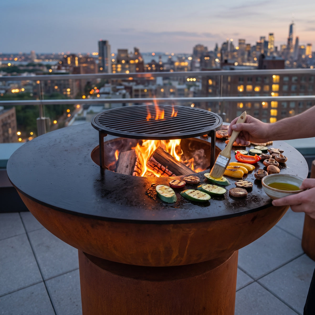 Arteflame wood-fired flat-top grill with round Corten steel base: Oiling Vegetables Before Grilling