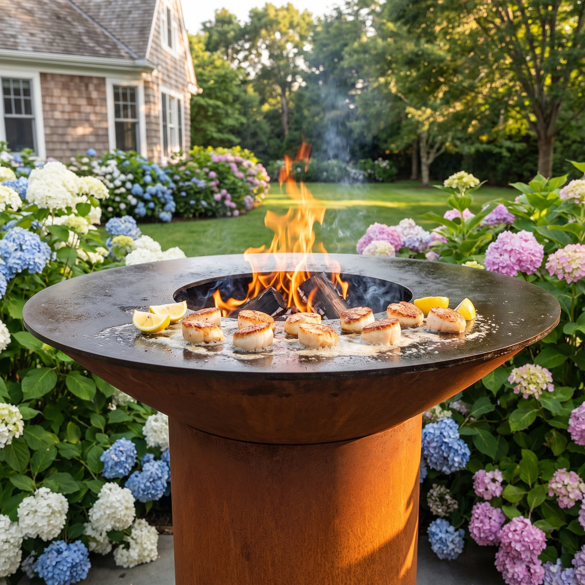 Arteflame wood-fired flat-top grill with round Corten steel base: Sear Perfect Scallops