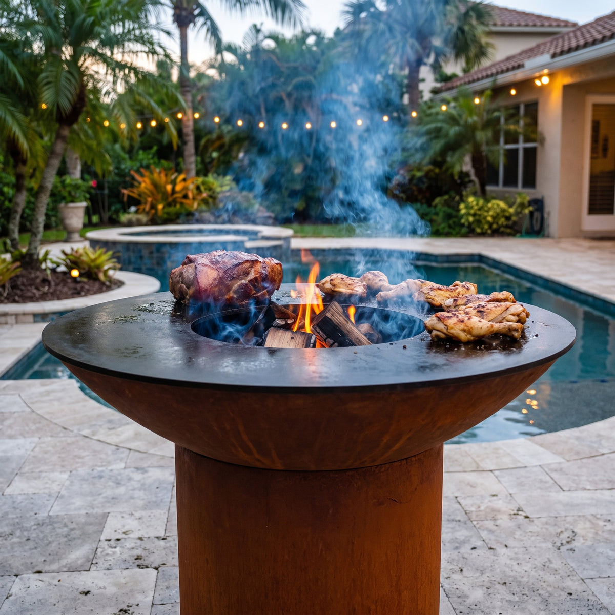 Arteflame wood-fired flat-top grill with round Corten steel base: Add Smoke Flavor to Your Grill