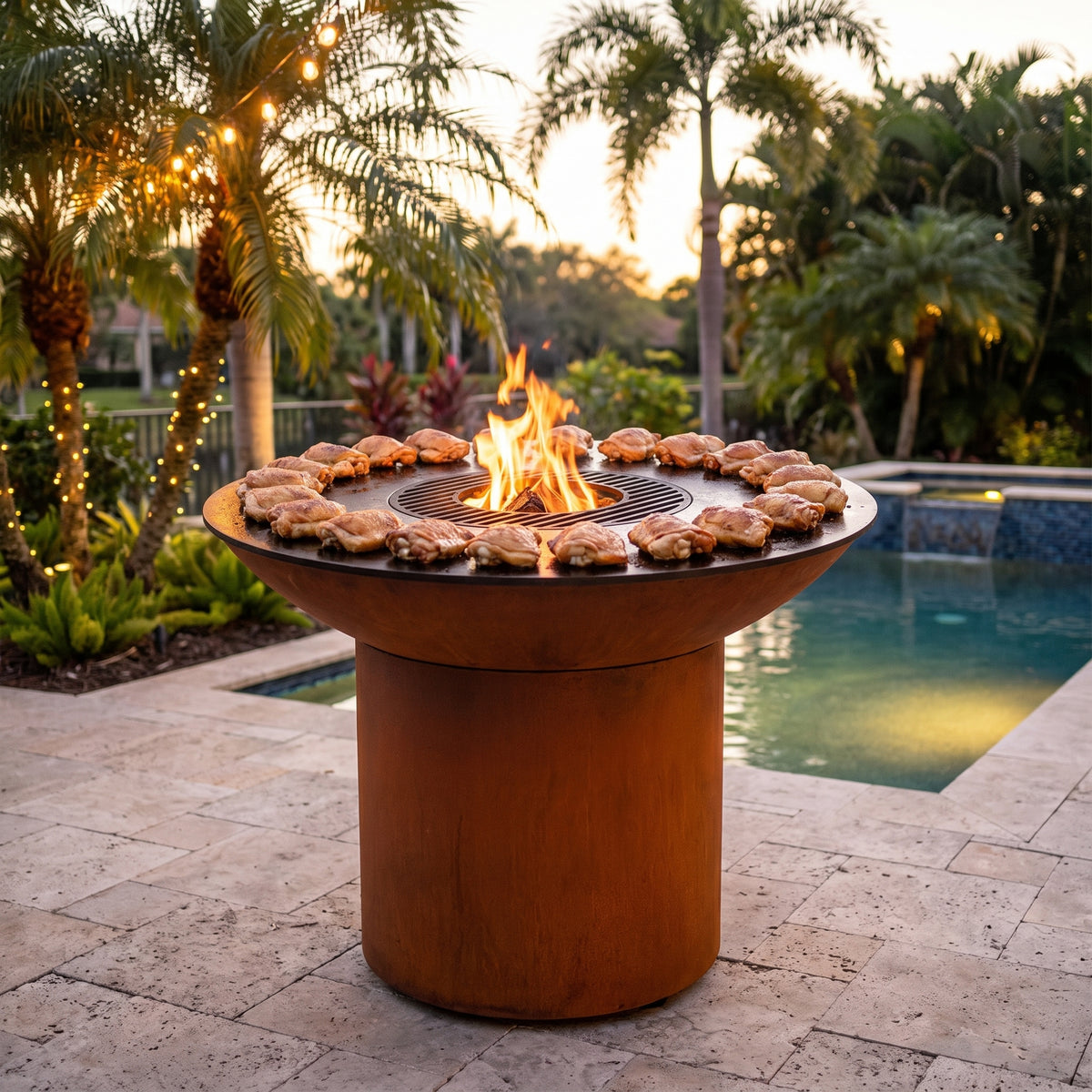 Arteflame wood-fired flat-top grill with round Corten steel base: Grill Chicken Thighs Evenly