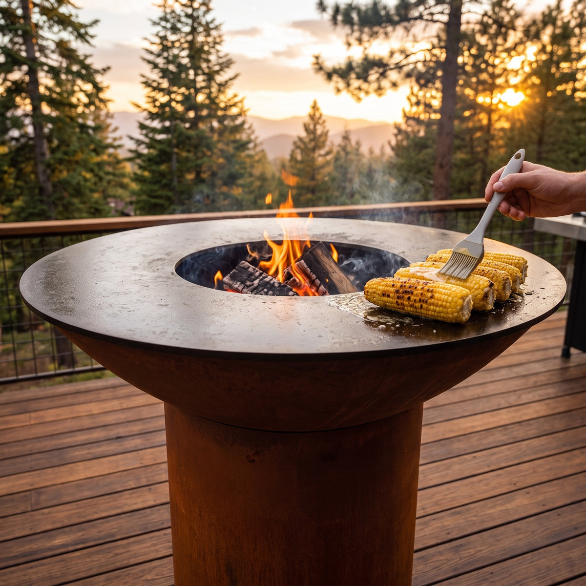 Arteflame wood-fired flat-top grill with round Corten steel base: Grill Corn on the Cob