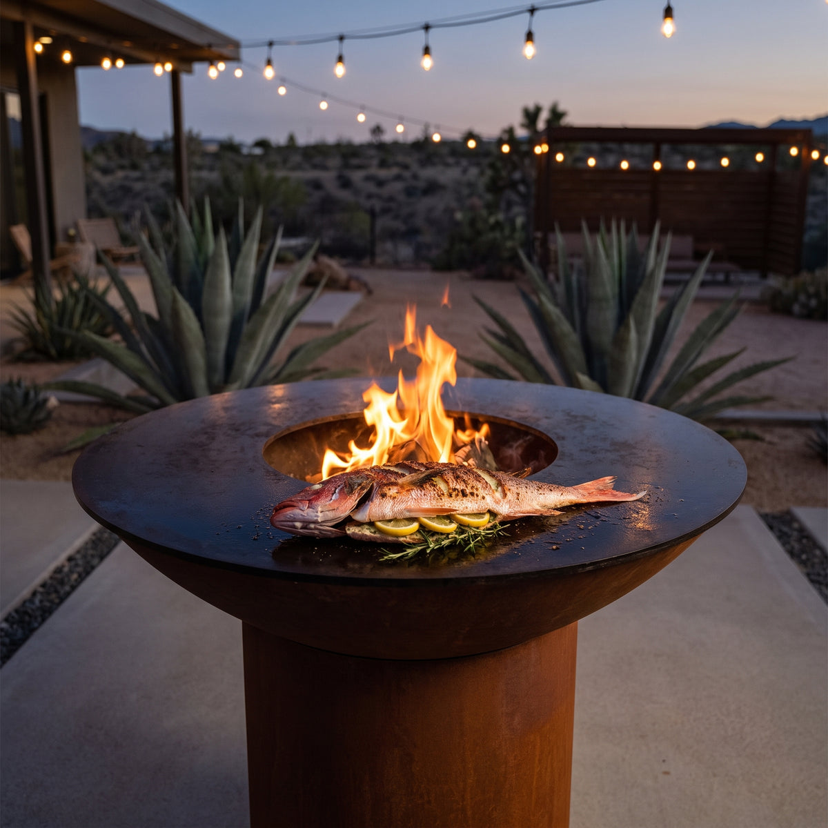 Arteflame wood-fired flat-top grill with round Corten steel base: Grill Whole Fish